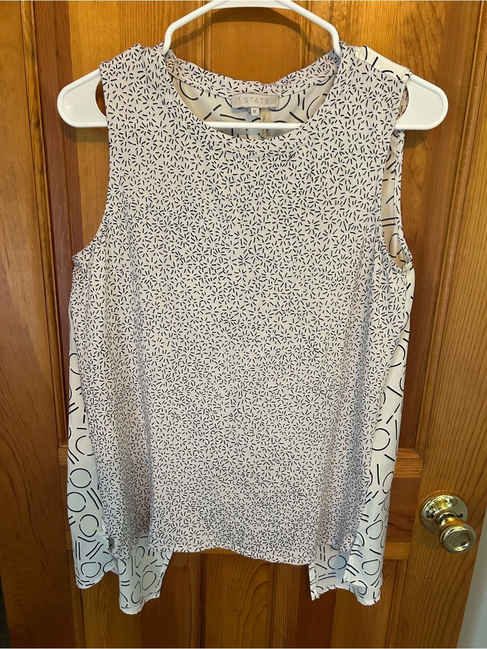 STATE White Sleeveless Layered Print Camisole with Navy Motif - open back